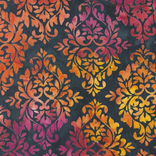 Bonfire Batiks - Coal - Tiles- damask pattern in pink, orange&gold on black