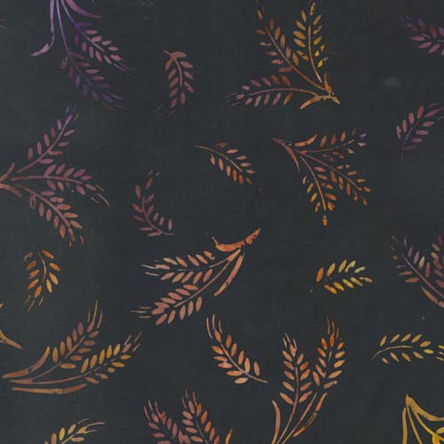 Bonfire Batiks - Coal - Fronds- gold orange & purple wheat stalks on black