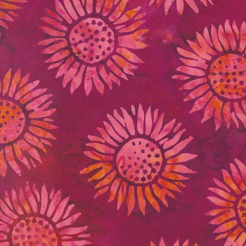 Bonfire Batiks - Wine - Sunflowers - Burgundy- pink sunflowers on magenta