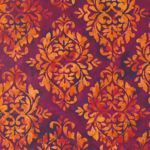Bonfire Batiks - Wine - Tiles- Burgundy - orange damask on dark magenta