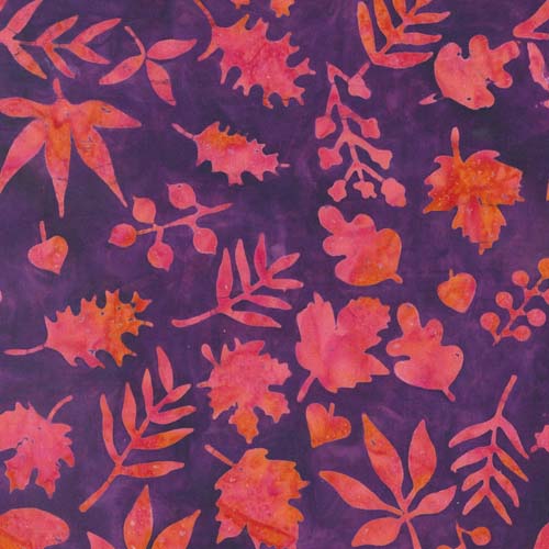 Bonfire Batiks - Mum - Leaves- Pink & orange leaves on purple