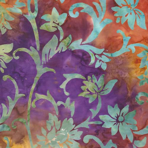 Bonfire Batiks -Ember - Floral Tendrils - green vines on purple & orange