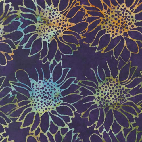 Bonfire Batiks - Amethyst - Outlined Sunflowers-aqua & green on dk purple