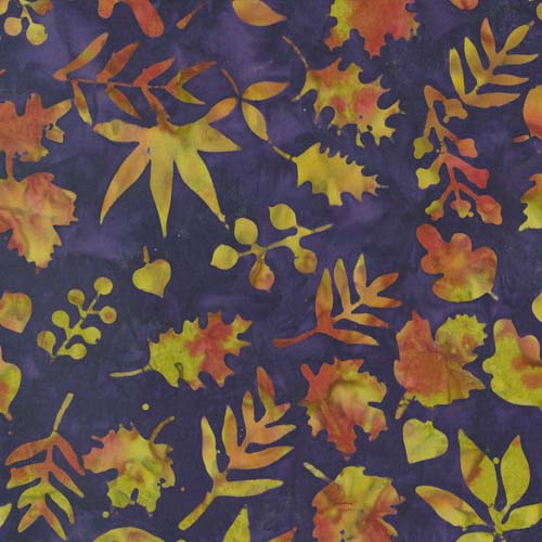 Bonfire Batiks - Amethyst - Leaves - green & orange leaves on dk purple