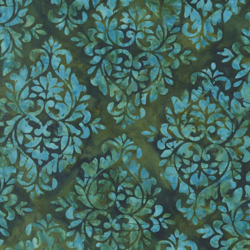 Bonfire Batiks - Fern - Tile - Dark Green - turquoise damask on green