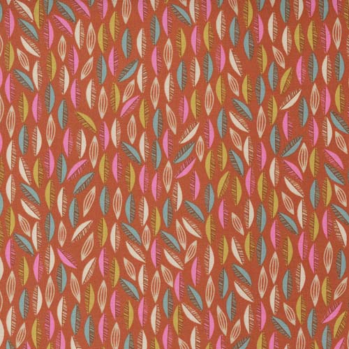Songbook A New Page - Cascade- Rust - small teal, gold& pink leaves on rust