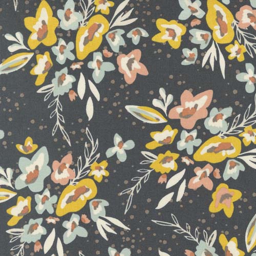 Dawn on the Prairie - Spray &Sprigs - Charcoal- gold & aqua floral on dk gray