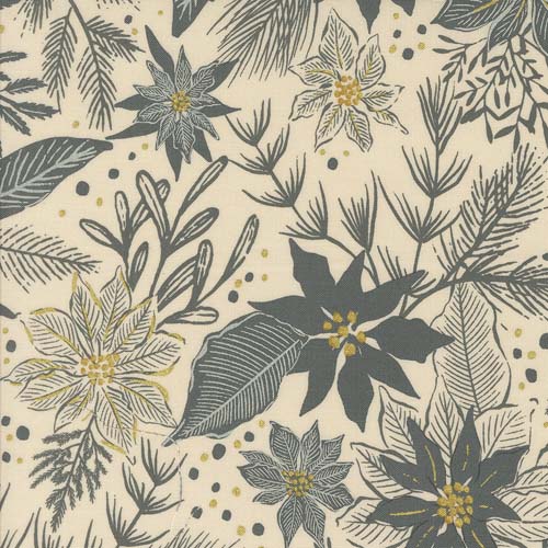 Old World Yuletide - Poinsettia mix Metallic - Eggshell - blue/gray on cream