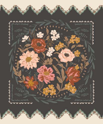 Foraged Found - 1yd. PANEL -Iron -  floral wreath on soft black