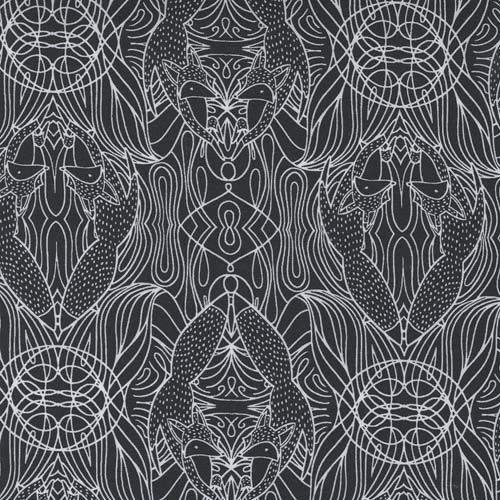 Nocturnal - Hidden Fox - Night - Black - White line drawings on black