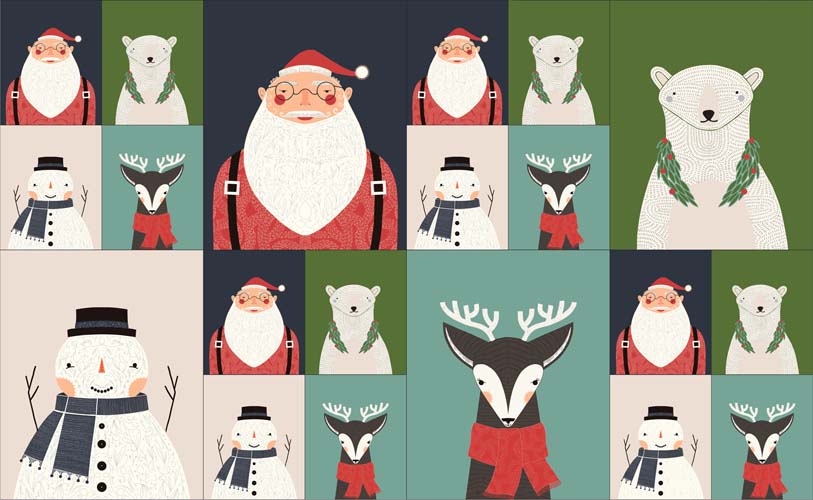 Merrymaking - PANEL 1yd - Multi - holiday figures on colored squares