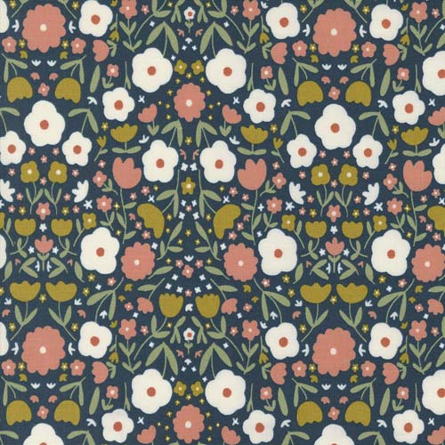 Imaginary Flowers - Peppy Petals - Midnight - white & coral flowers on dk gray