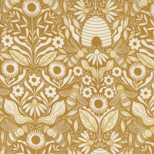 Bee Garden - Beehive Melody -Damask - Beeswax - cream on gold floral