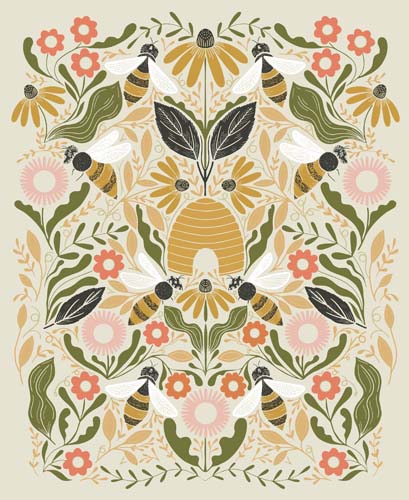 Bee Garden Metallic - 1 yd. PANEL - Porcelain