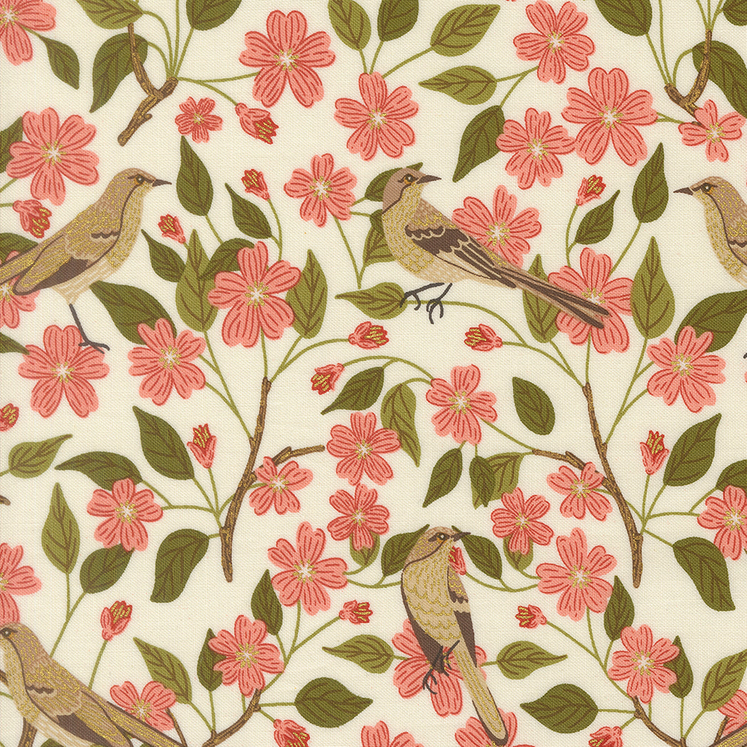 Ladybug Whimsy Metallic - Blossoms & Birds - Eggshell
