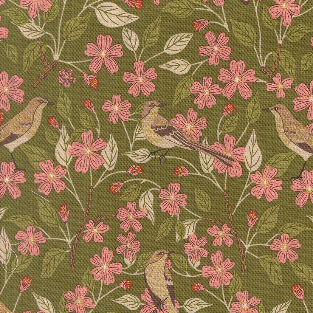 Ladybug Whimsy Metallic - Blossoms & Birds - Grass