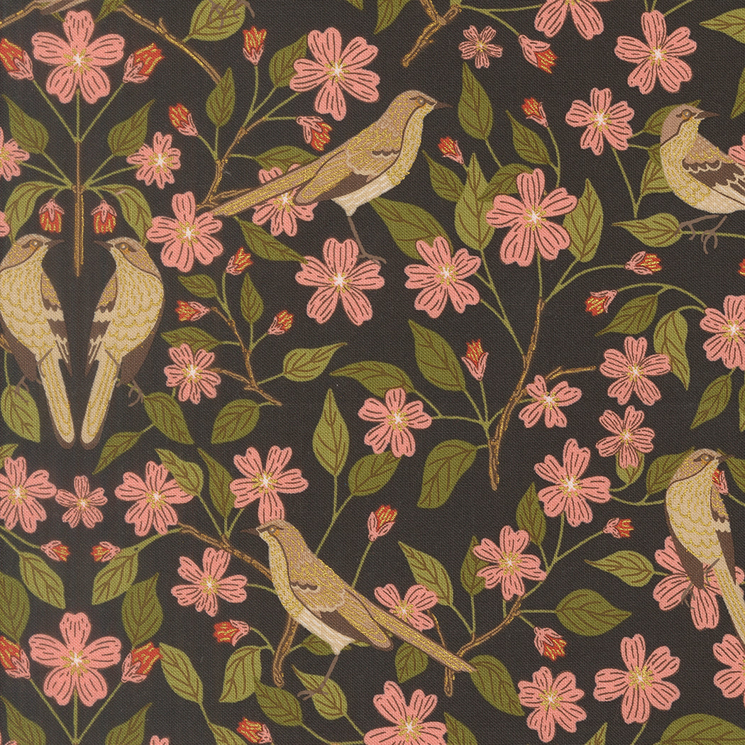 Ladybug Whimsy Metallic - Blossoms & Birds - Midnight