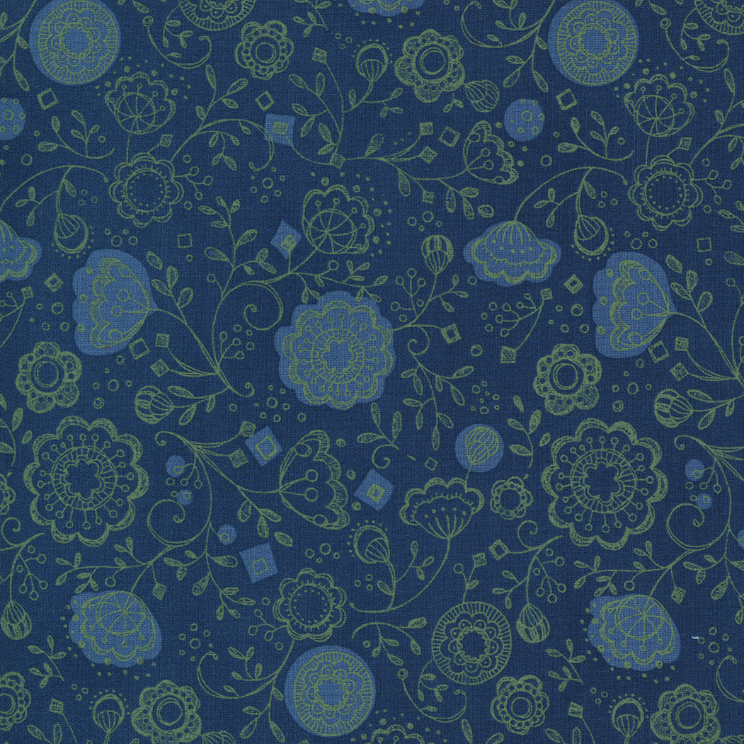 Cottage Bleu - Floral Fling - Midnight  - lt green floral line drawings on dk b