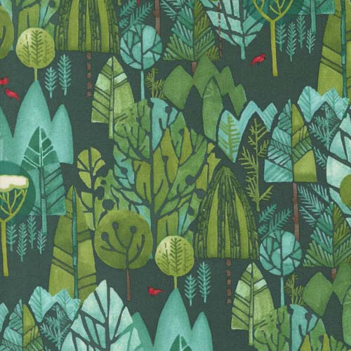 Winterly - Winter Landscape - Spruce - trees & red birds on green