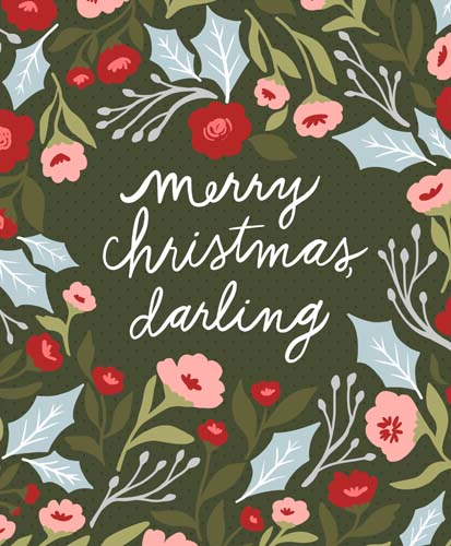 Berry and Pine - PANEL 72x58Merry Christmas Darling- large floral w/ text