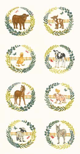 Willows Farm - PANEL approx. 24 inches - 8 farm animal babies on  cream