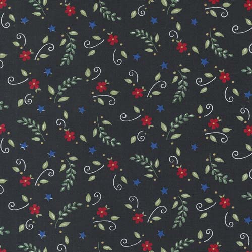 Red White and Bloom - Flower & Leaves - Black - tossed floral & leaves on black