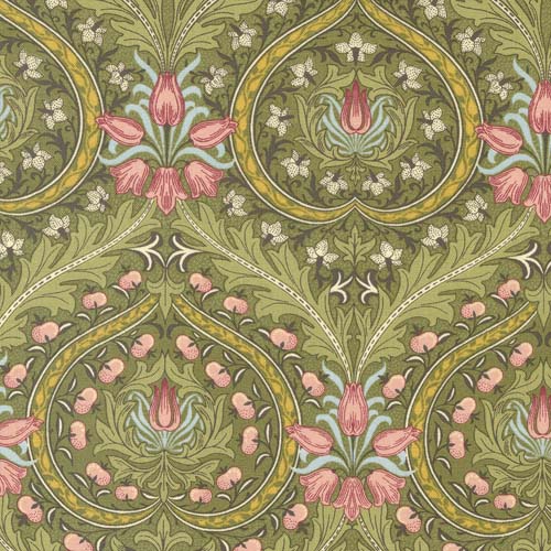 Morris Meadow - Eden Damask -Fennel Green - Green & pink damask on dk green