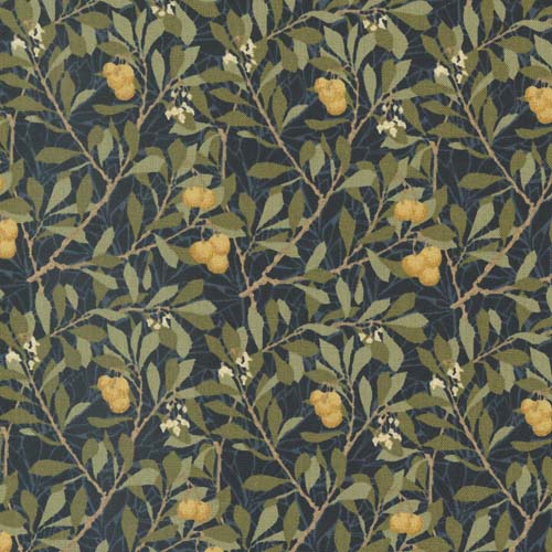 Morris Meadow - Arbutus - Damask Black - leafy branches w/fruit on black