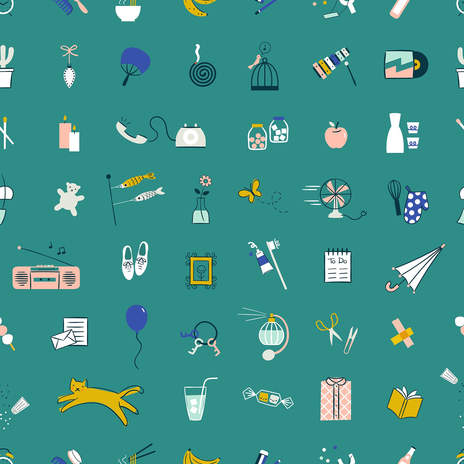 Whatnot - Stuff - Succulent - Rows of various items on dark teal - Ruby Star