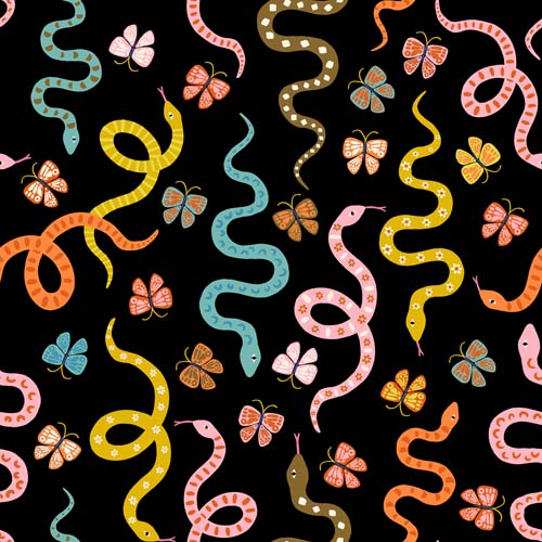 Ooh Lucky Lucky - Garden Snake - Black - colorful snakes & butterflies on black