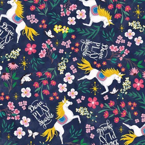 Unicorn Dance - Dance, play, sparkle - Navy - Unicorns, words & flowers on navy