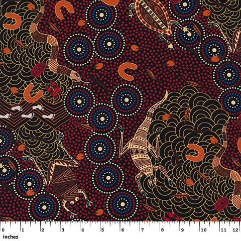 Australian Aboriginal Design - Around The Waterhole-Red-Animals on Black by