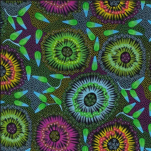 Wild Bush Banana - Green Pink - green  purple & gold flowers on black