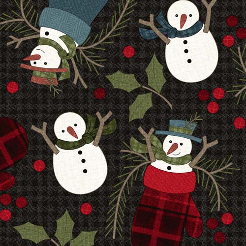 Holly Jolly Flannel - Snowmen- Black - tossed snowmen & mittens on black