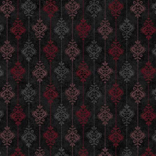 Operetta - Damask Stripe - Black - dotted stripes and flourish on black