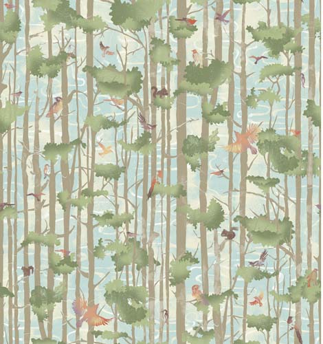 Forest Chatter - Tree Tops -Blue - birds in trees on blue sky