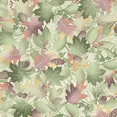 Forest Chatter - Leaves -Cream - packed green & purple leaves