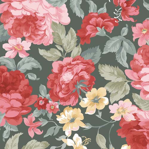 La Fleur Flannel - Focal Floral - Green/Multi - large pink roses on dk green