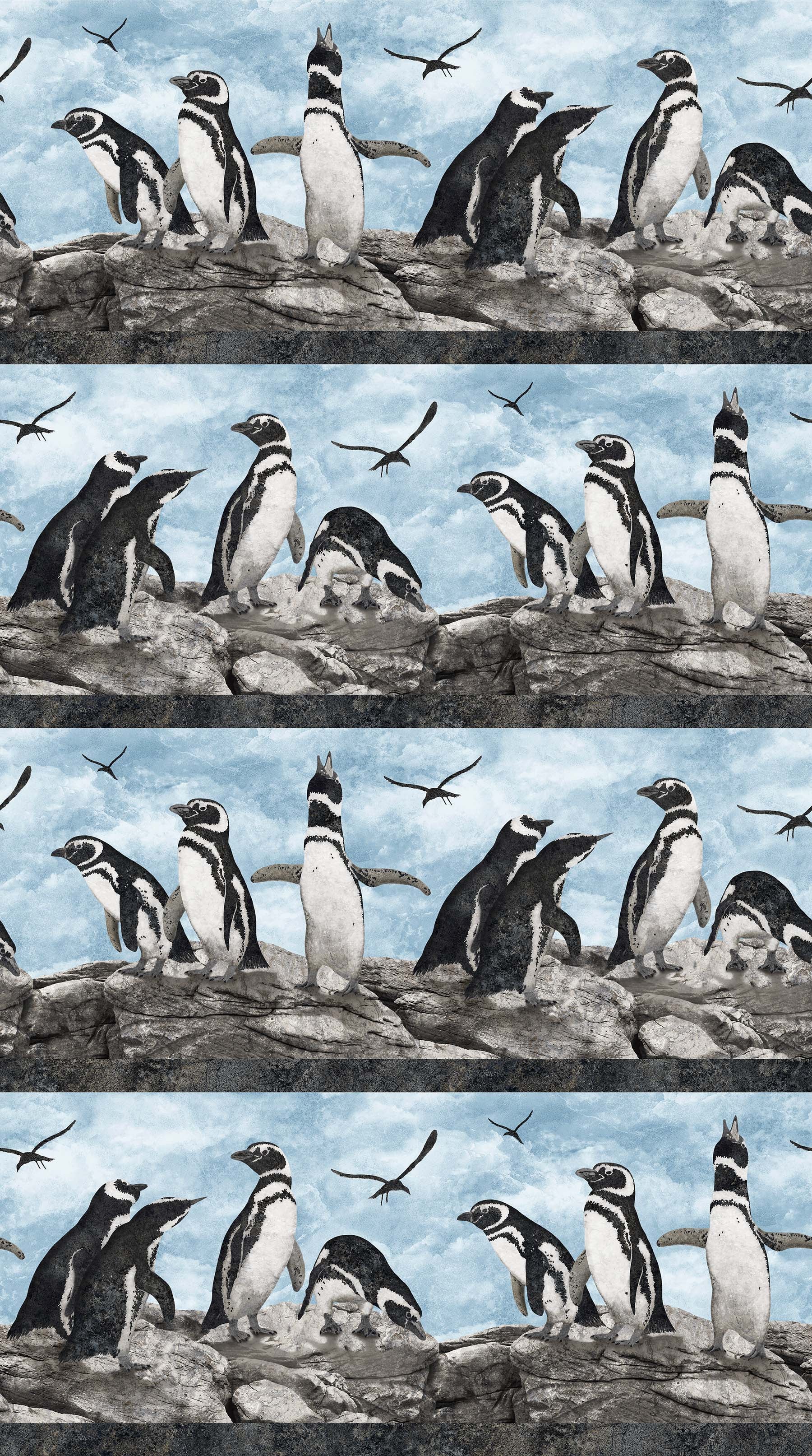 Magdalena - Stonehenge -penguin border print  -  penguins against blue sky