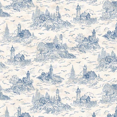 Safe Harbor - Toile - Cream/Blue - Lighthouse scene in blue on cream