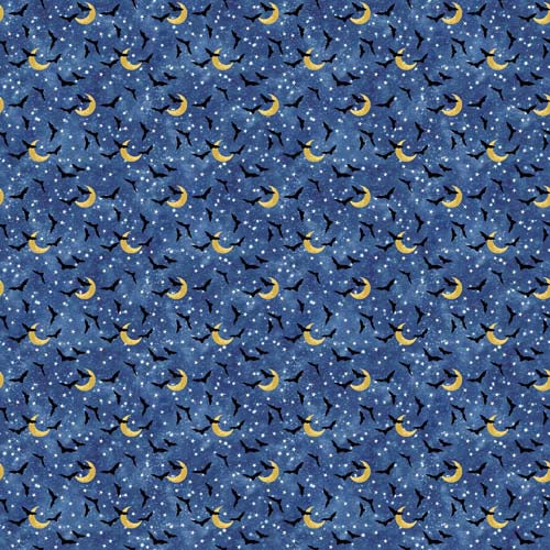 Hocus Pocus - Bats - Blue- Flying bats, stars & crescent moon on blue