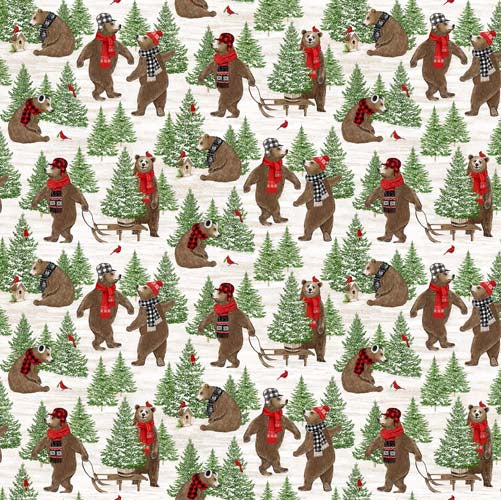 Beary Merry Christmas - Forest Bears - White - bears tree hunting on white