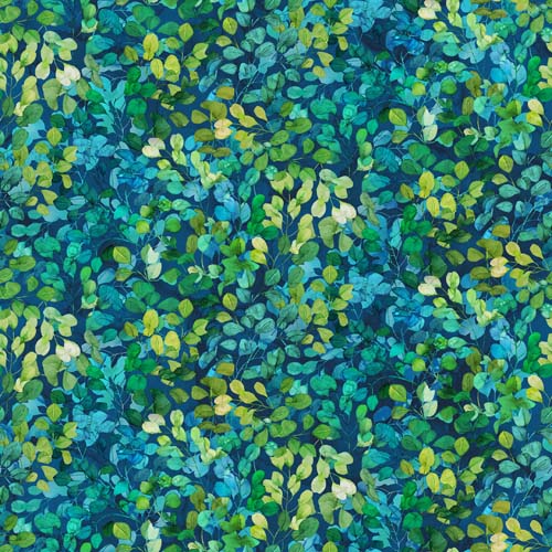Morning Light - Packed leaves - Navy - green & teal leaves on dark blue