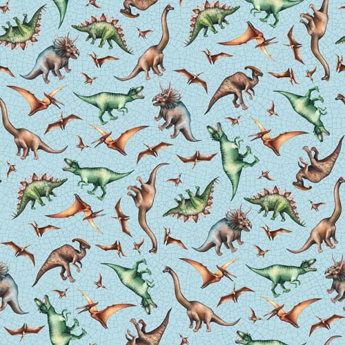Paleo Tales - Tossed Dino - Blue/Multi - tossed dinosaurs on blue crackle