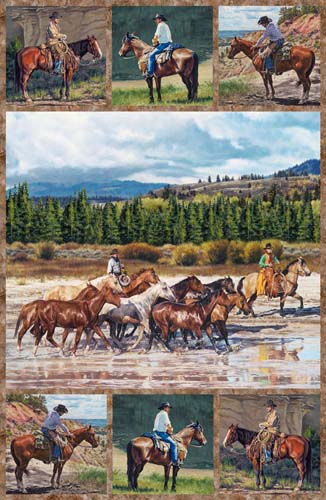 Hidden Valley - PANEL approx.28in. - cowboys, horses & scenery