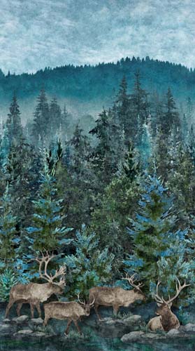 Migration - Wide Border - Dark Teal/Multi - Mountain scene w/ elk