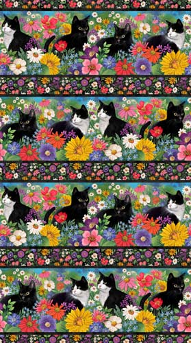 Hide and Seek - Border Stripe- Multi - cats among flowers - border