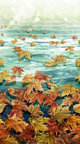 Autumn Breeze - Ombre - Teal/multi -leaves on a pond - running yardage -