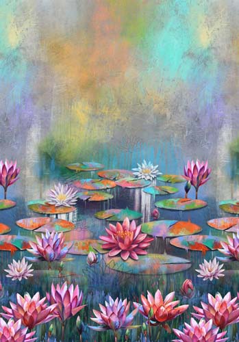 Lotus - Misty Lotus Pond - Ombre - Dk. Blue Multi - Waterlilies & pads on pond