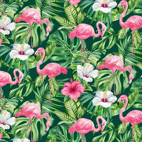 Coastal Breeze - Flamingo & Flowers - Dk green - flamingos & hibiscus on green